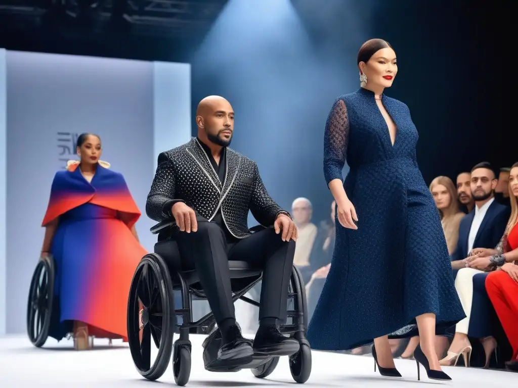 Desfile de moda adaptativa inclusiva diversidad con modelos luciendo diseños innovadores y espectadores aplaudiendo