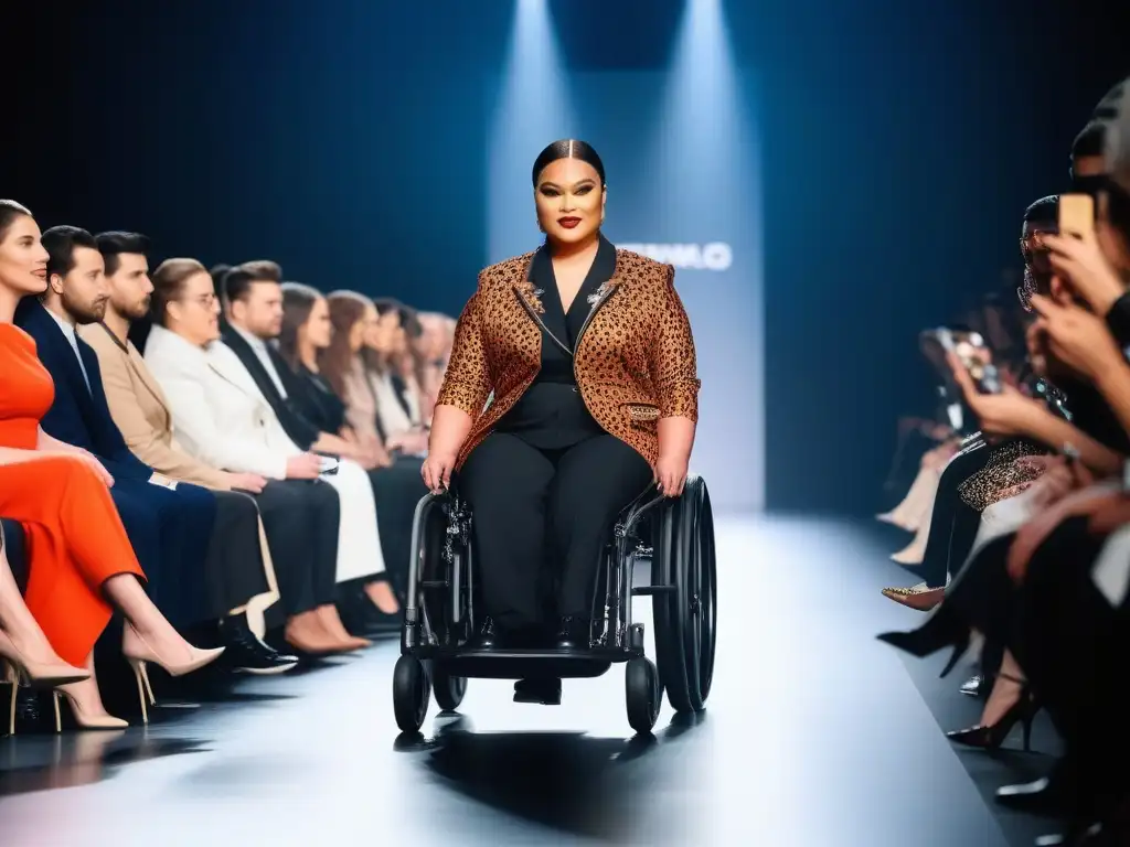 Desfile de moda adaptativa inclusiva diversidad: modelos con discapacidades lucen prendas elegantes en pasarela, irradiando confianza y gracia