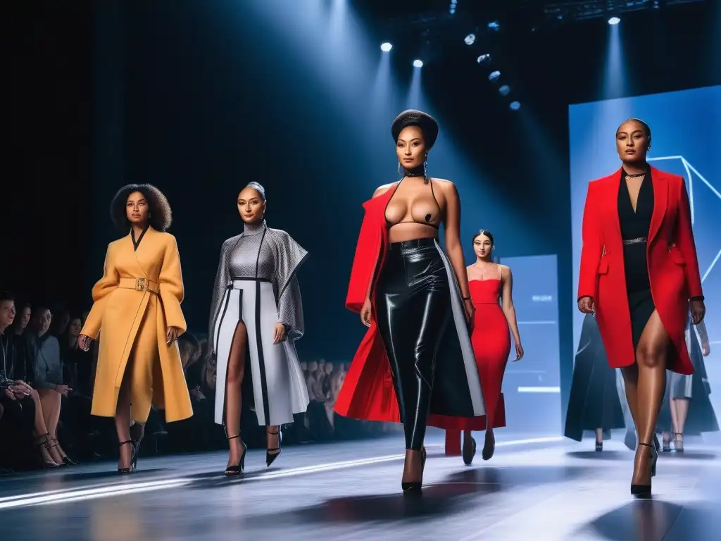 Pasarela inclusiva: moda adaptativa y diversidad en alta resolución Desfile de moda adaptativa inclusiva y diversa con modelos diversos caminando con confianza por una pasarela futurista