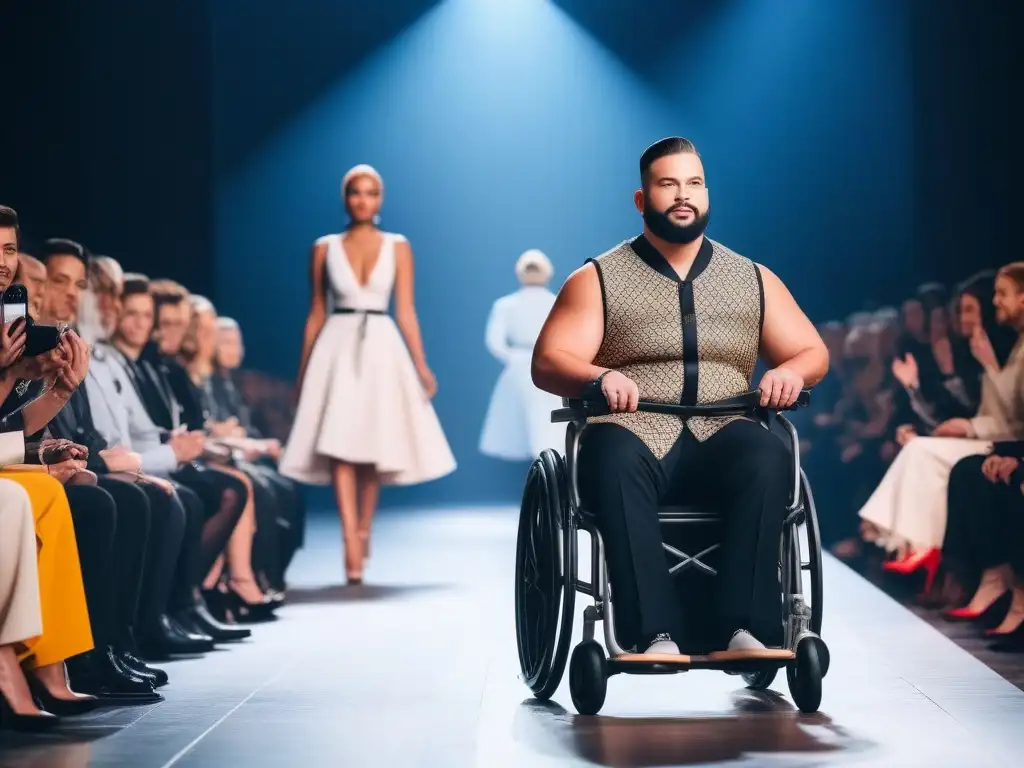 Desfile de moda inclusiva: modelos con discapacidad brillan en la pasarela Desfile de moda adaptativa con modelos con discapacidad caminando con confianza por la pasarela, rodeados de una audiencia vibrante y empoderada
