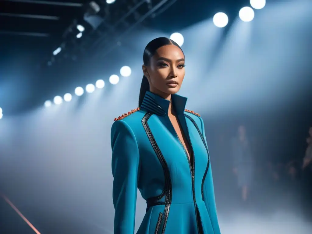 Desfile de moda inclusiva: diseños adaptativos en pasarela futurista Desfile de moda adaptativa con modelos diversos en una pasarela futurista iluminada, destacando la inclusividad y estilo vanguardista