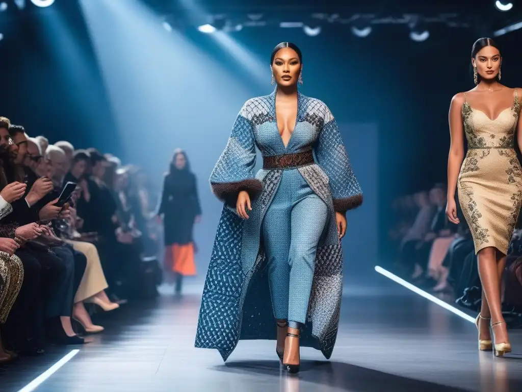 Desfile inclusivo de moda adaptativa: diversidad y elegancia Desfile de moda adaptativa: modelos diversos caminan con gracia en una pasarela futurista, reflejando inclusión y belleza