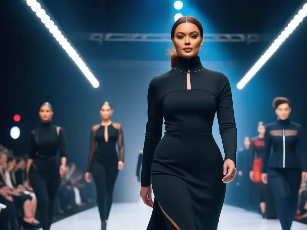 Desfile de moda inclusiva con diseños innovadores y funcionales Desfile de moda adaptativa para todos con modelos diversos en una pasarela futurista y elegante
