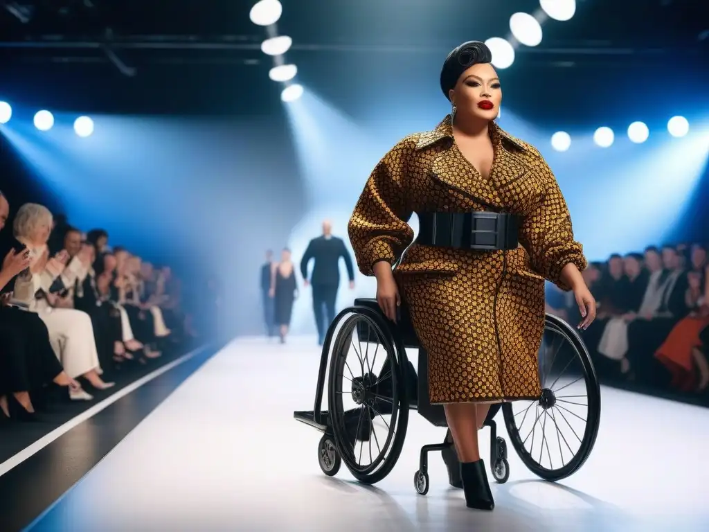 Desfile inclusivo: moda adaptada para diversidad de estilos Desfile de moda adaptativa con personas discapacidades caminando seguras y con estilo en una pasarela iluminada y moderna