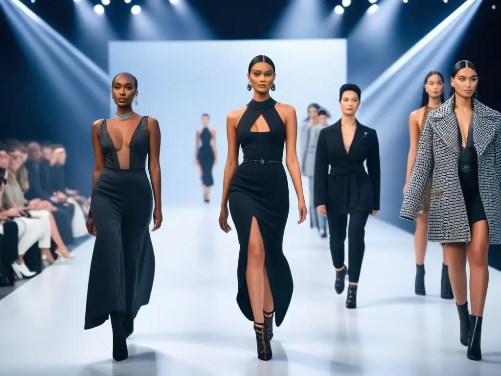 Moda inclusiva: pasarela futurista con diseños innovadores Desfile de moda adaptativa tendencias futuras con modelos diversos mostrando diseños vanguardistas en una pasarela futurista