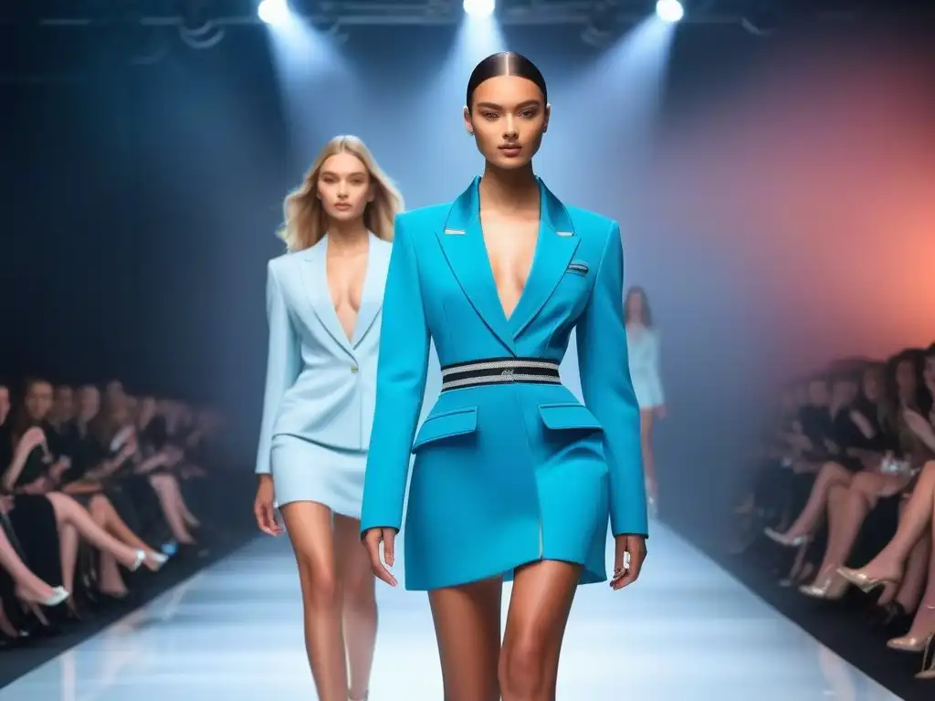 Desfile de moda para adolescentes altos: estilo y confianza en pasarela Desfile de moda adolescentes altos luciendo outfits modernos y elegantes en una pasarela futurista iluminada, irradiando confianza y estilo