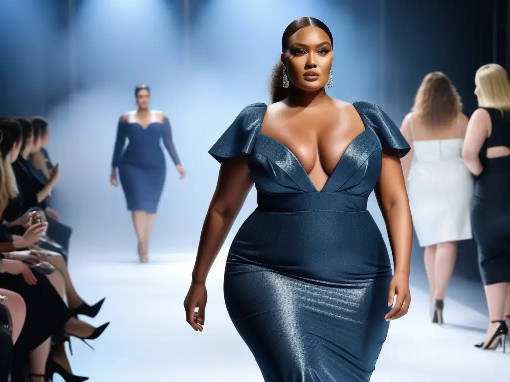 Desfile de moda: modelos plussize empoderadas en pasarela de alta costura Un desfile de moda plus size en alta costura con modelos seguras y elegantes, irradiando empoderamiento y gracia