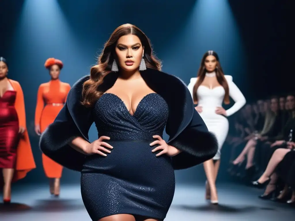 Desfile de moda inclusivo con modelos de talla grande Un desfile de moda plus size en alta costura: modelos diversos caminan con confianza y elegancia, irradiando empoderamiento y belleza en la pasarela