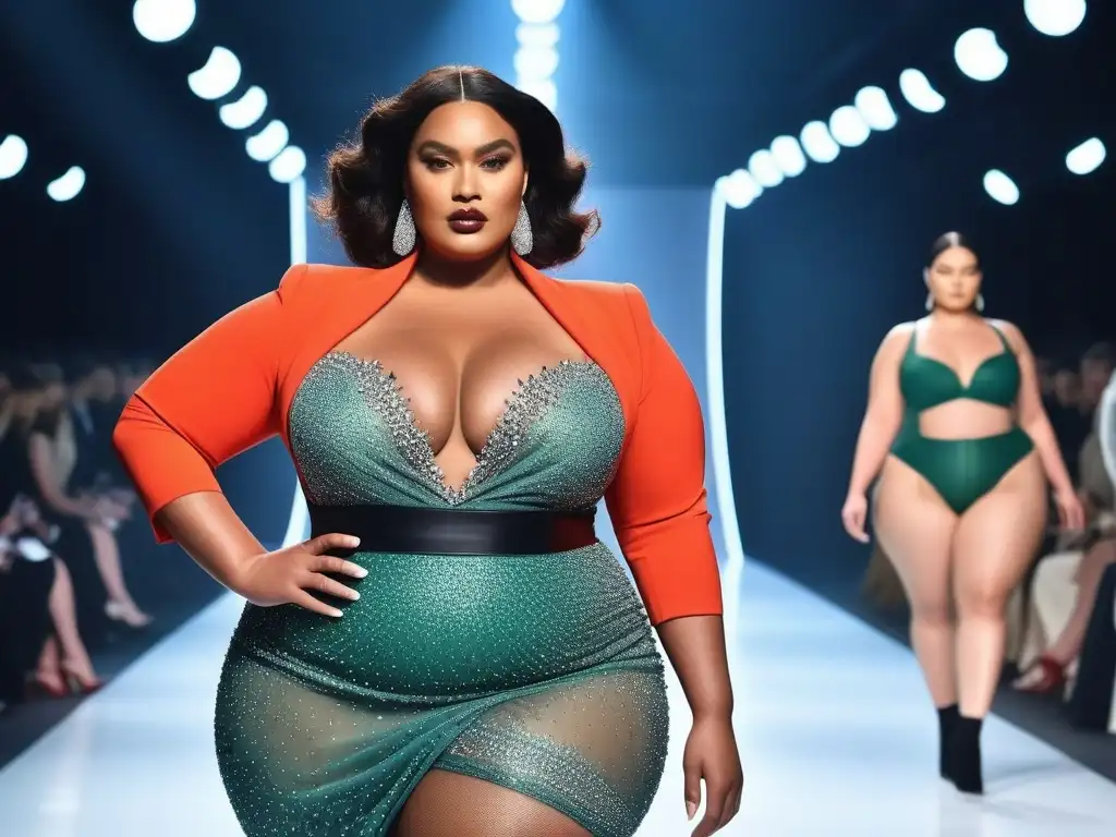 Desfile de moda inclusivo: modelos plus size empoderadas en la pasarela Un desfile de moda plus size en alta costura con modelos seguras y elegantes, exhibiendo diseños modernos y lujosos para todos los tipos de cuerpo