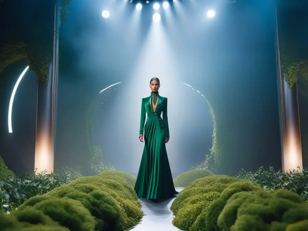 Pasarela de moda sostenible: lujo y elegancia eco en futuro Desfile de moda de alta gama sostenible con diseño ecoamigable y modelos elegantes en una pasarela futurista con paredes verdes