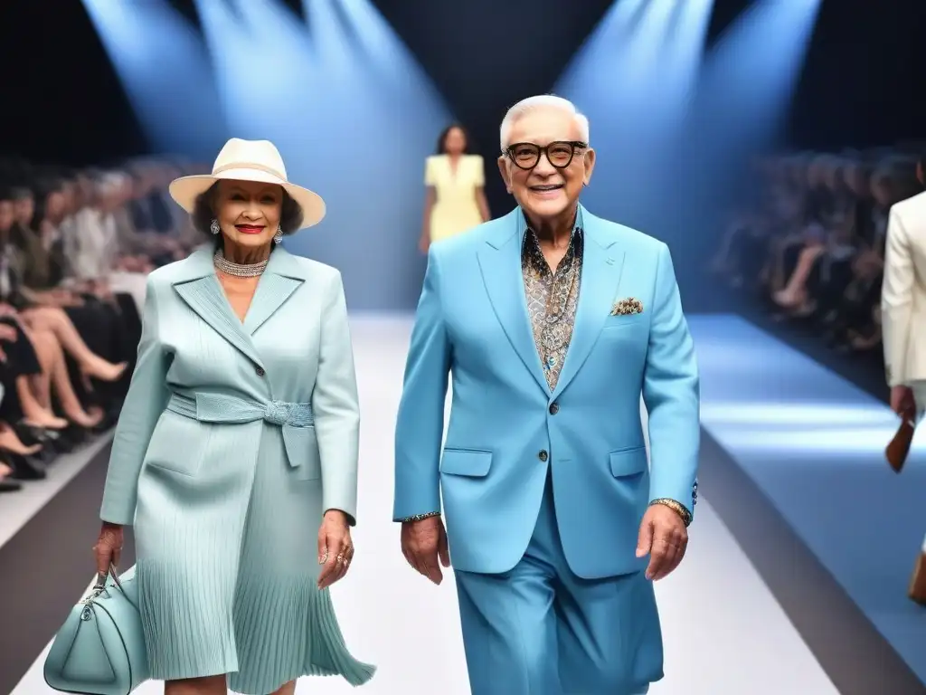 Desfile de moda: Seniors seguros mostrando su estilo único Un desfile de moda con seniors luciendo atuendos modernos y elegantes para mejorar su autoestima