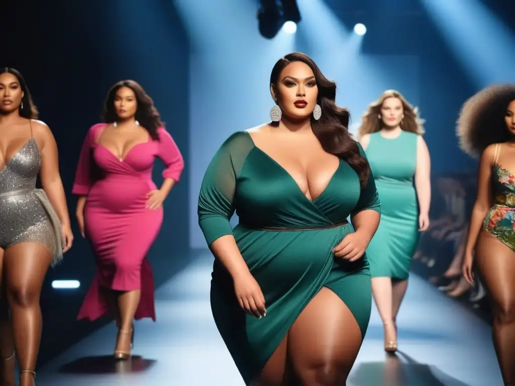 Desfile de moda plus size empoderado y vibrante Desfile de moda plus size redefiniendo autoestima con modelos seguras y empoderadas, luciendo diseños trendy en pasarela vibrante y colorida