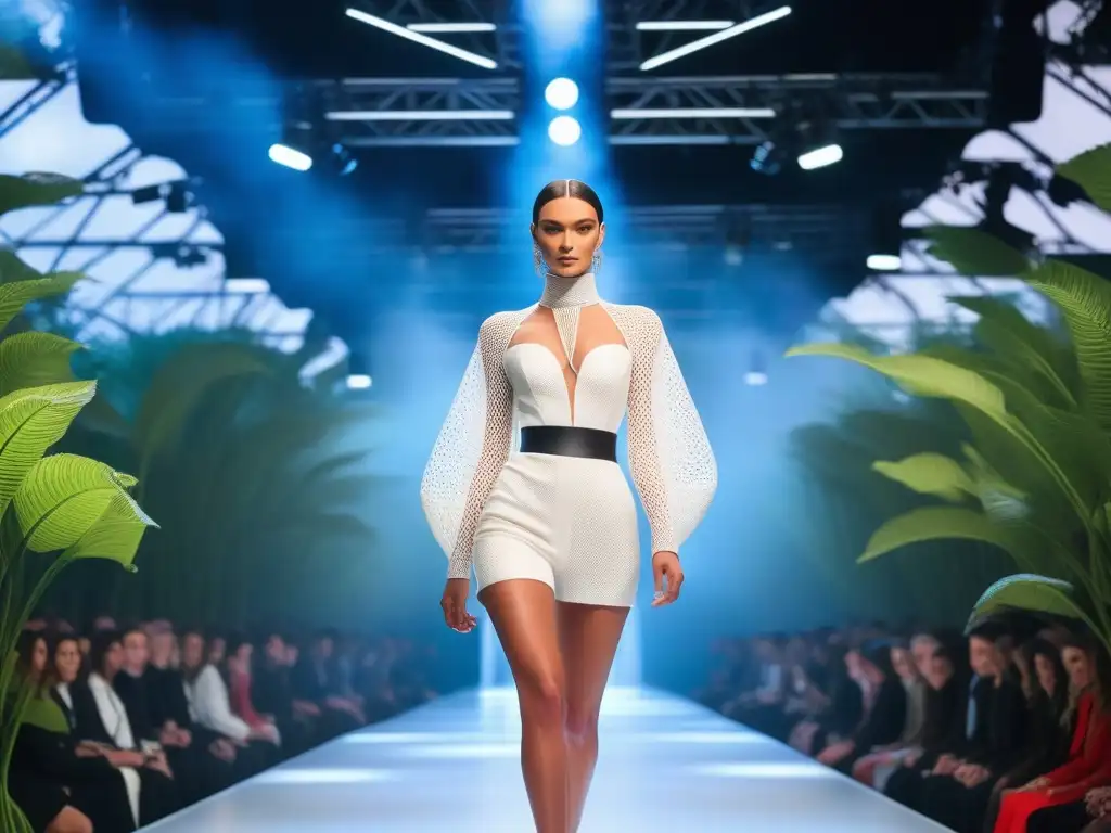 Desfile ecofuturista: moda sostenible en pasarela verde Desfile de moda ecoconsciente con avances tecnológicos: pasarela futurista, ropa sostenible y modelos seguros de sí mismos