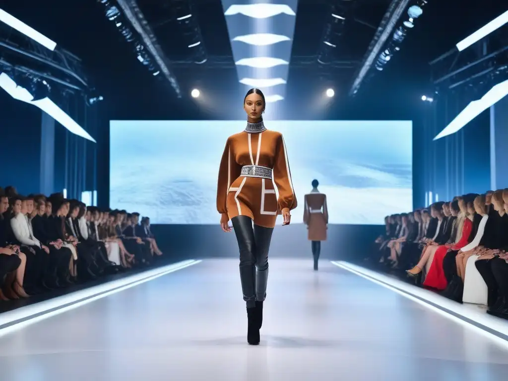Desfile de moda sostenible: fusión tecnológica y ecología Desfile de moda ecoconsciente con avances tecnológicos en la pasarela futurista