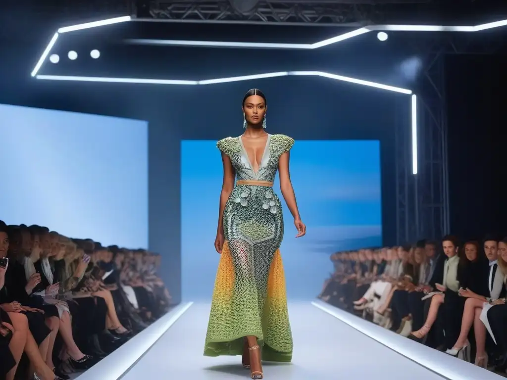 Desfile ecofuturista: moda sostenible y tecnología Desfile de moda ecoconsciente con avances tecnológicos y diseños sostenibles innovadores, en una pasarela futurista