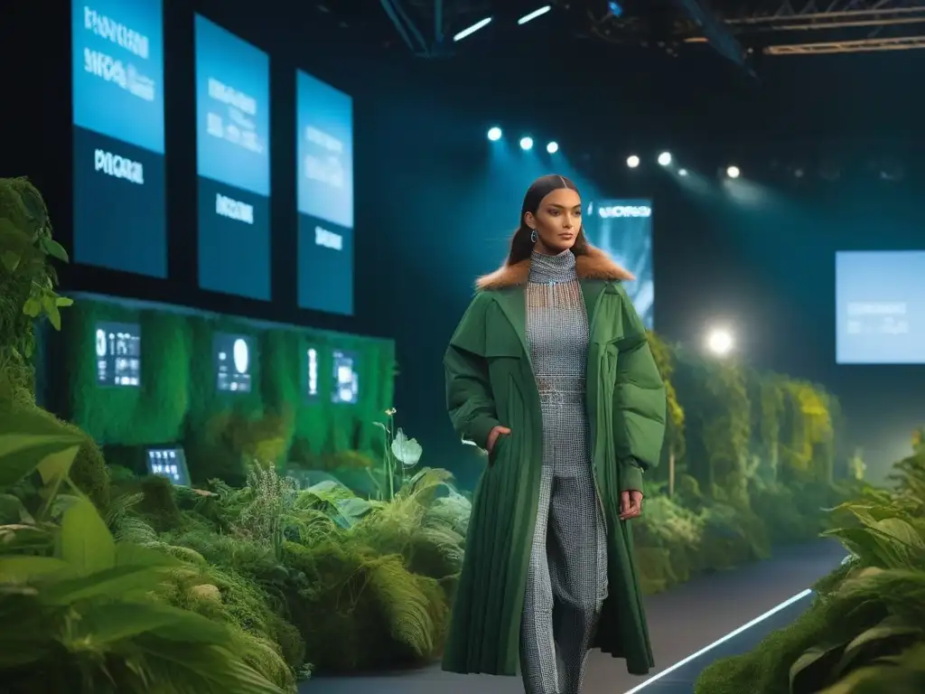Desfile ecofuturista: moda sostenible y tecnología verde Desfile de moda ecoconsciente con avances tecnológicos en un escenario futurista rodeado de vegetación exuberante y mensajes ecofriendly