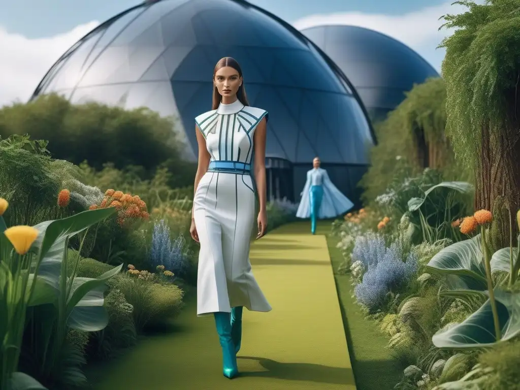 Desfile ecofashion futurista con prendas sostenibles innovadoras Desfile de moda ecoconsciente avanzada: modelos lucen prendas sostenibles innovadoras en una pasarela futurista entre naturaleza y tecnología