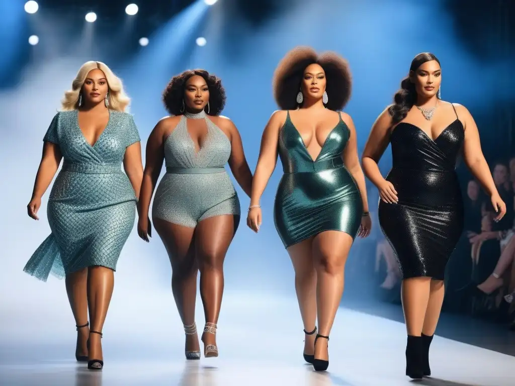 Desfile de moda plussize: empoderamiento y diversidad en alta resolución Desfile de moda plus size redefiniendo belleza con modelos seguras y empoderadas