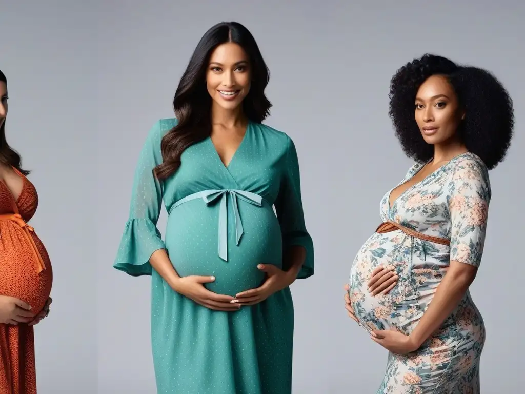 Moda premamá: mujeres seguras luciendo tendencias inclusivas Un desfile de moda de blusas de maternidad en tallas diferentes, donde la diversidad y la elegancia se unen en un ambiente de empoderamiento y belleza