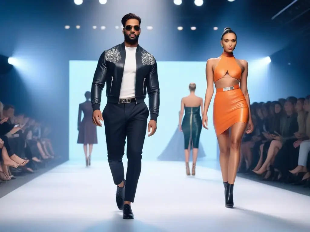 Desfile de moda para altos: elegancia y diversidad en alta costura Desfile de moda para cuerpos tall con diseños exclusivos y modelos profesionales en pasarela con iluminación futurista