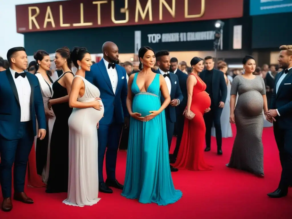 Deslumbrante desfile de moda materna en alfombra roja Desfile de moda para cuerpos maternales en cine: mujeres embarazadas de diferentes etnias y estilos desfilan con elegancia en la alfombra roja de un estreno, rodeadas de una multitud celebrando