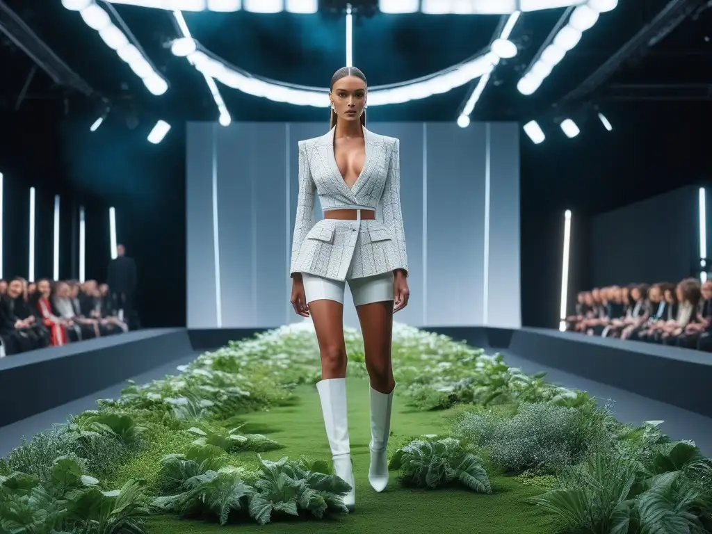 Pasarela futurista de moda ecoinnovadora Desfile de moda ecoconsciente con diseños innovadores y tecnología vanguardista en una pasarela futurista