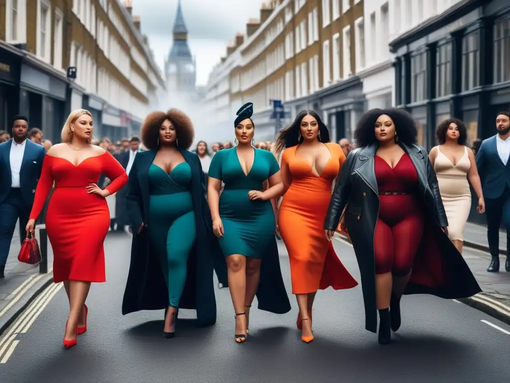 Desfile de moda plus size en Londres: diversidad y estilo en las calles Un desfile de moda diversa en Londres con modelos de talla grande luciendo estilos únicos y mostrando confianza en sí mismos