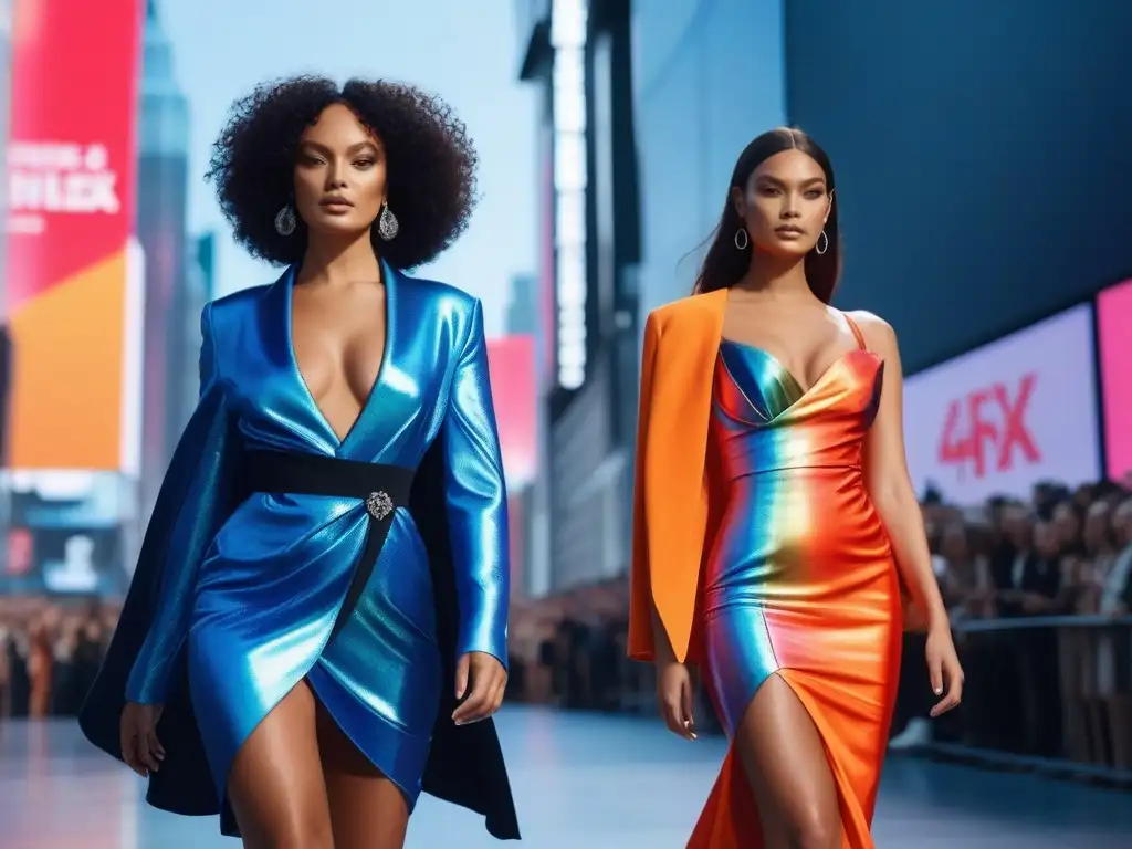 Desfile inclusivo con modelos diversos luciendo vestidos icónicos de Diane von Fürstenberg Desfile de moda diversa: modelos de diferentes etnias y cuerpos visten diseños de Diane von Fürstenberg en una pasarela futurista