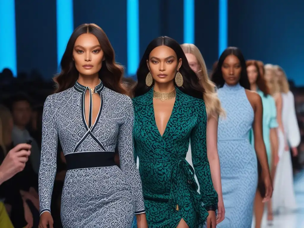 Diseño DVF: Pasarela de diversidad y empoderamiento Desfile de moda diversa con modelos de distintas razas, edades y cuerpos luciendo vestidos de Diane von Fürstenberg