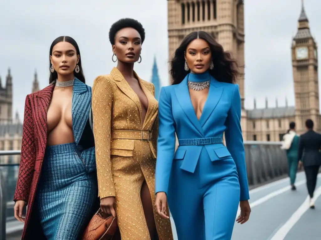 Desfile de moda inclusivo en Londres Desfile de moda diversa en Londres con modelos de diferentes cuerpos y estilos, en pasarela con Big Ben de fondo