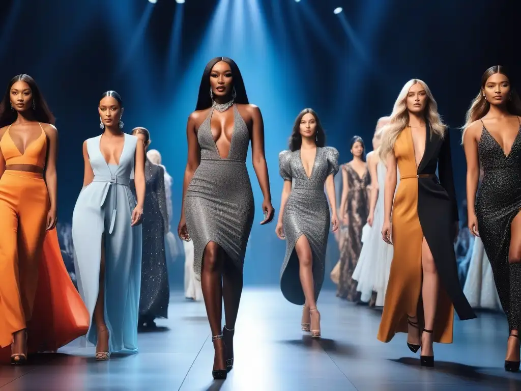 Desfile de moda inclusivo con Naomi Campbell liderando Desfile de moda con diversidad y belleza, liderado por Naomi Campbell, en una pasarela elegante y moderna