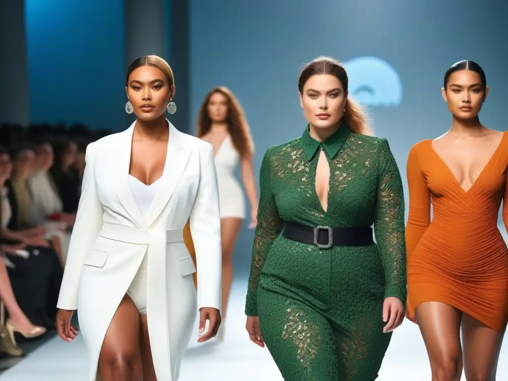 Desfile ecofriendly: diversidad y estilo sustentable en la pasarela Desfile de moda ecoconsciente y diversidad corporal en pasarela futurista con modelos confiadas