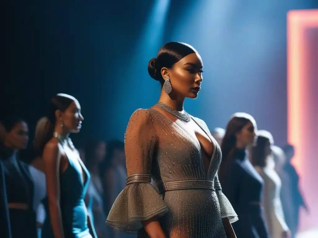 Desfile de moda inclusivo: Celebrando la diversidad de cuerpos Desfile de moda con diversidad corporal en moda: modelos diversos luciendo atuendos únicos en la pasarela, aplaudidos por la audiencia