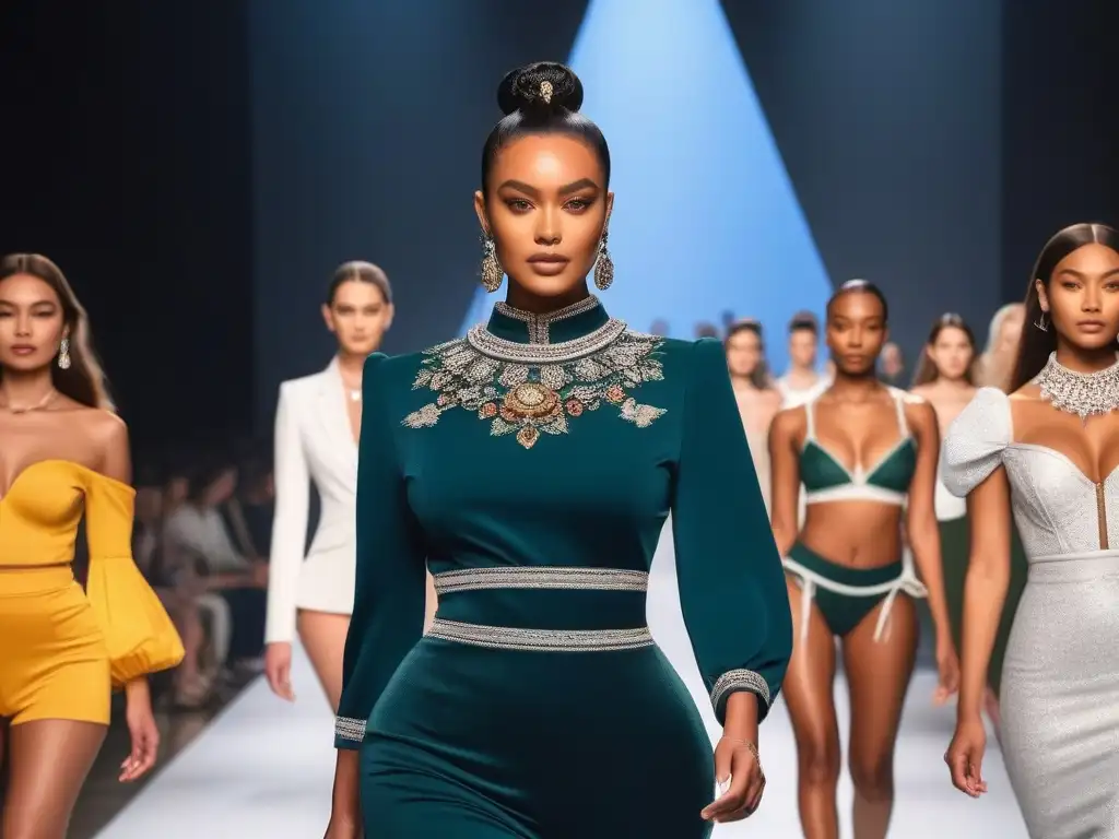 Pasarela de diversidad: modelos confiados rompen estereotipos Desfile de moda con diversidad de cuerpos en la pasarela, rodeados de mensajes positivos en redes sociales