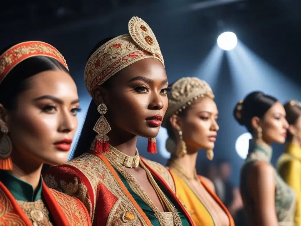 Desfile de moda multicultural: Celebrando la diversidad con estilo Un desfile de moda que celebra la diversidad cultural en la moda con trajes tradicionales vibrantes y modelos elegantes