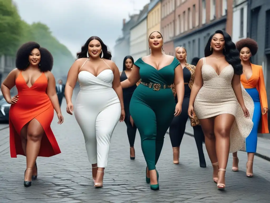 Desfile de moda inclusivo y empoderador con modelos de talla grande Desfile de moda plus size con diversidad y estilo urbano, transmitiendo confianza y empoderamiento