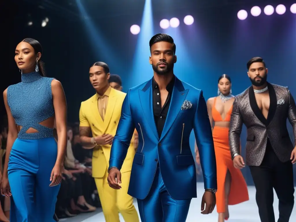 Desfile de moda diverso y vibrante celebra la representación Desfile de moda con diversidad masculina en outfits únicos y público emocionado