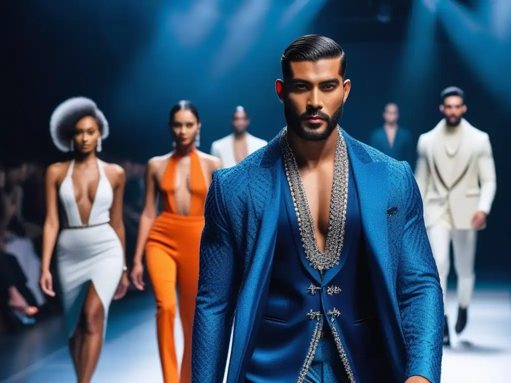 Desfile de moda inclusivo con modelos diversos brillando en la pasarela Desfile de moda con diversidad masculina en outfits únicos, celebrando la individualidad y la cultura