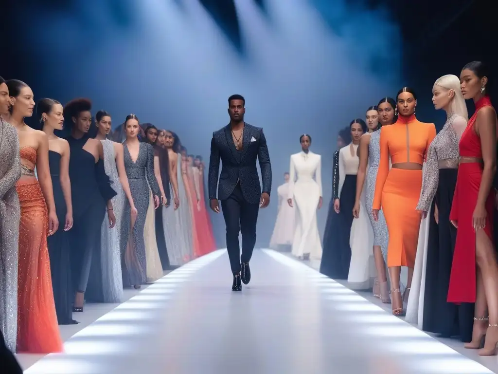 Desfile de moda inclusivo: diversidad en pasarela Desfile de moda con diversidad de modelos en moda, empoderamiento y estilo único en una pasarela futurista