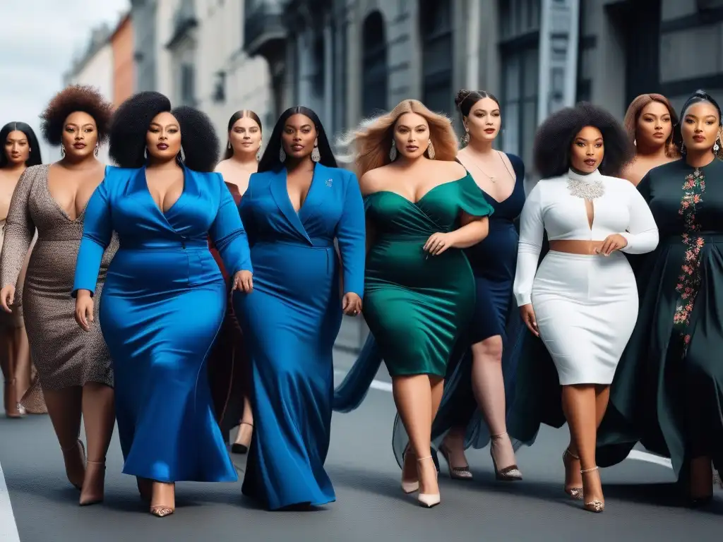 Desfile de moda plussize: Celebrando la diversidad con estilo Desfile de moda plus size diversidad: modelos seguras y elegantes, fondo urbano con audiencia