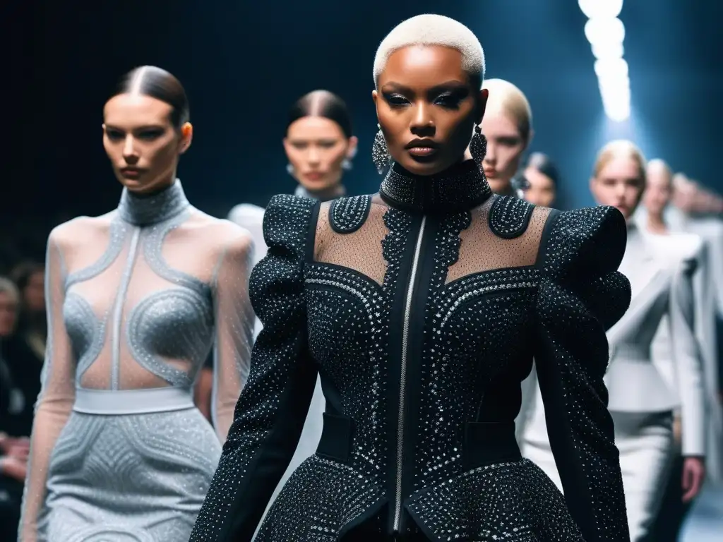 Desfile de moda Alexander McQueen: diversidad elegante en la pasarela Desfile de moda con diversidad de tallas en un ambiente futurista y elegante