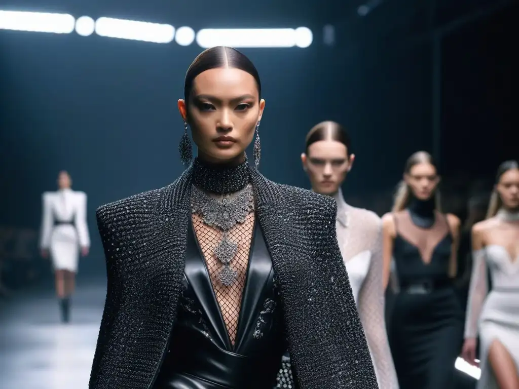 Desfile de moda Alexander McQueen: diversidad y elegancia en 8k Desfile de moda Alexander McQueen con diversidad de tallas en modelos desfilando con prendas vanguardistas