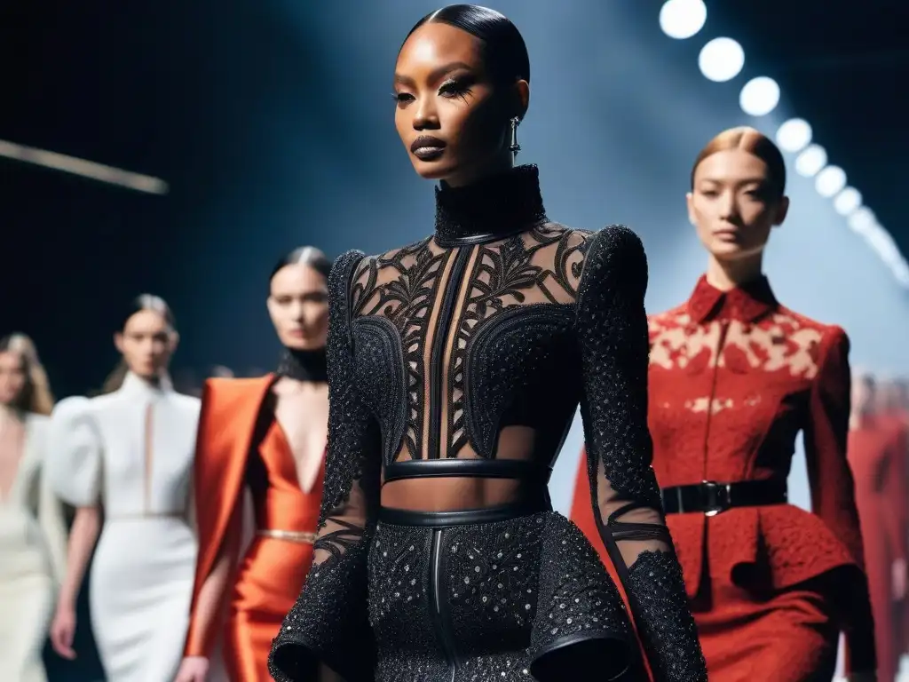 Desfile de moda diverso y vanguardista de Alexander McQueen Desfile de moda con diversidad de tallas en moda: modelos confiadas y estilizadas lucen creaciones vanguardistas de Alexander McQueen