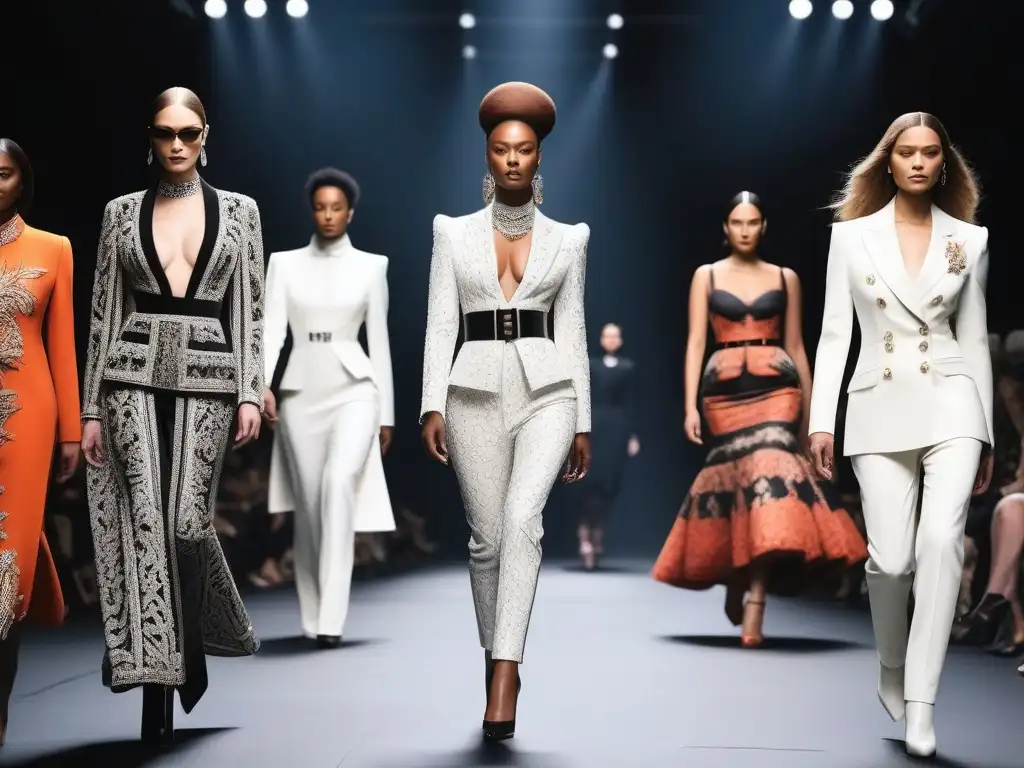 Desfile de moda Alexander McQueen con modelos diversos y tallas inclusivas Desfile de moda con diversidad de tallas en modelos luciendo diseños de Alexander McQueen en una pasarela elegante y moderna