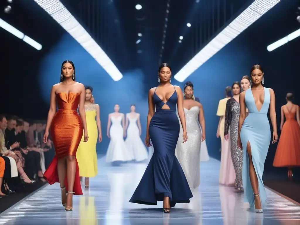 Desfile de moda diverso: modelos de distintas tallas lucen elegantes diseños de Christian Dior en una pasarela inclusiva Desfile de moda con diversidad de tallas en elegantes diseños de Christian Dior
