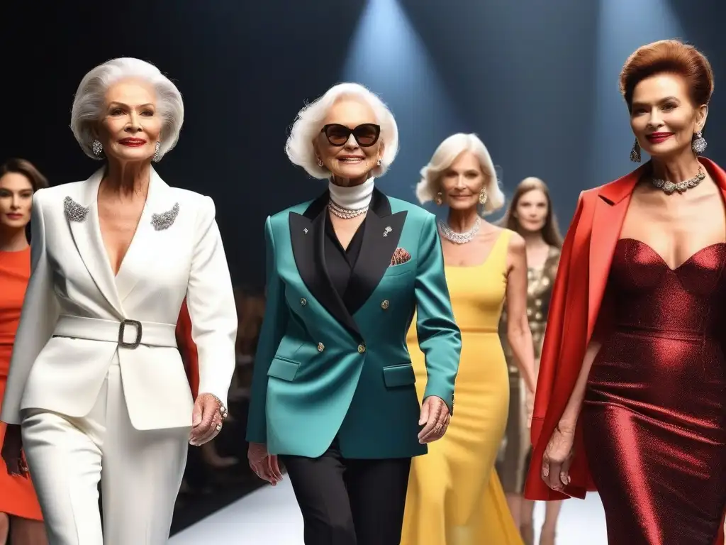 Desfile de moda senior: elegancia y diversidad en la pasarela Un desfile de moda senior diverso y elegante, donde la edad es sinónimo de gracia y sofisticación
