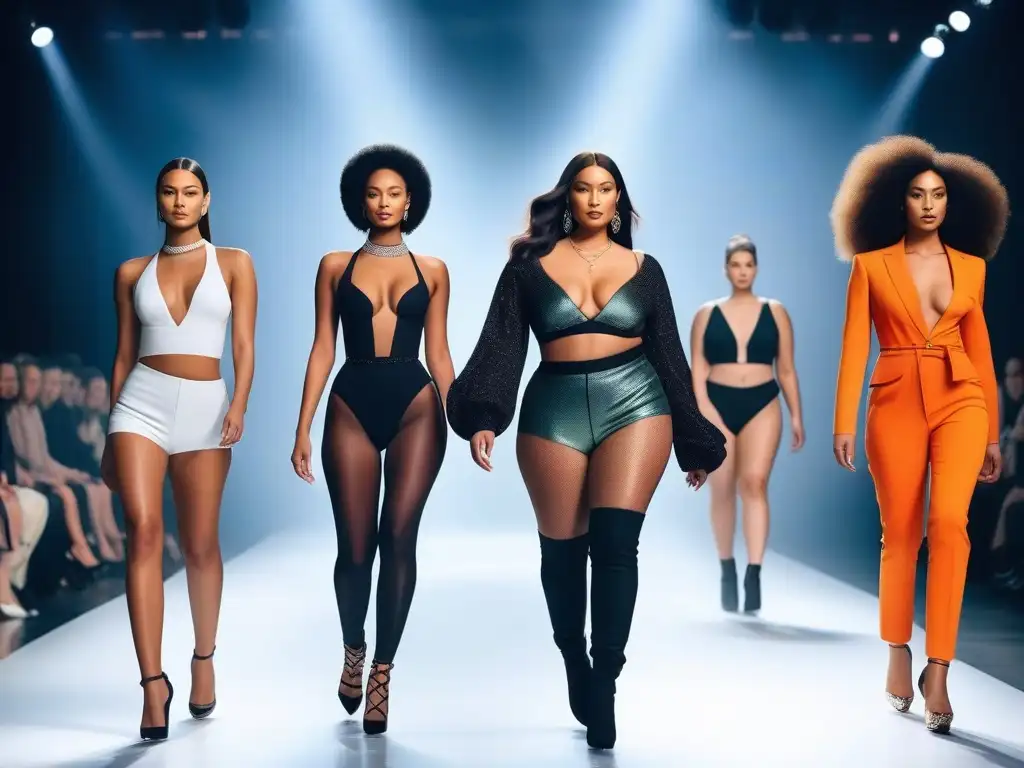 Diversidad y confianza en la pasarela: modelos de moda empoderados Un desfile de moda diverso y empoderado, celebra la diversidad corporal en moda con modelos seguras y estilosas en la pasarela