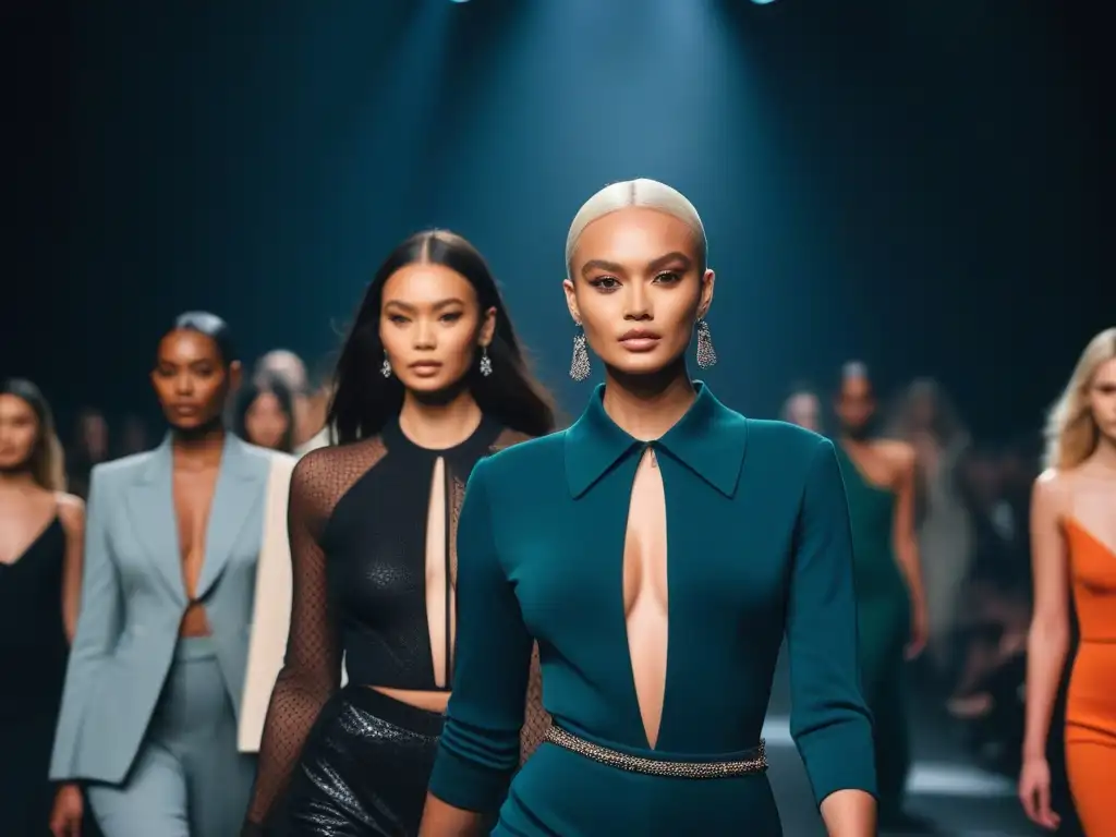 Pasarela de moda inclusiva: diversidad y empoderamiento Desfile de moda diverso y empoderado: modelos muestran variedad de estilos y tonos de piel, promoviendo autoestima y diversidad en la moda