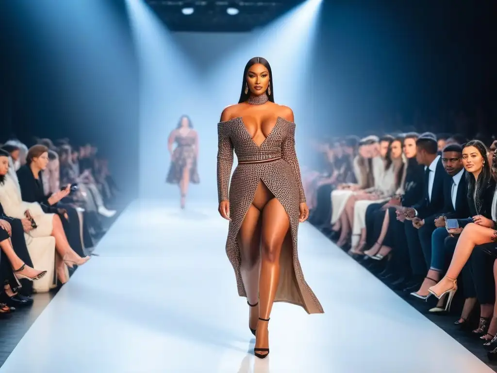 Pasarela diversa: moda inclusiva y personalizada Desfile de moda diverso con modelos de distintas formas y tallas, representando la inclusividad y la individualidad en la industria de la moda