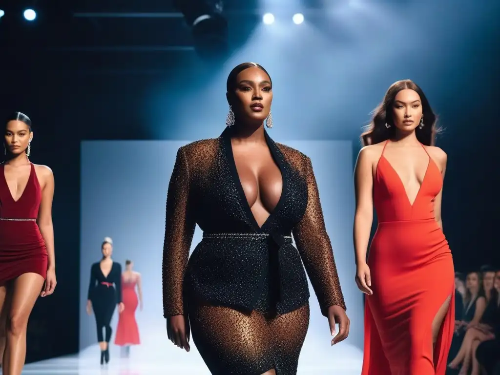 Desfile de moda inclusivo: diversidad de cuerpos y estilos en la pasarela Un desfile de moda diverso, con modelos de diferentes cuerpos, tallas y estilos